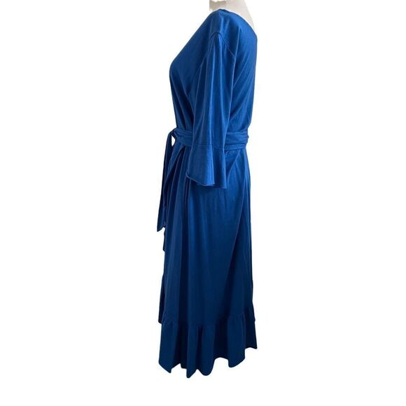 Soft Surroundings Stretchy Blue Ruffled Midi Dress w/ Waist Tie Belt MP - Picture 3 of 9